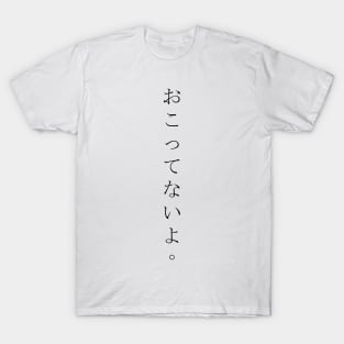 Okottenaiyo (おこってないよ) = I am not angry. in Japanese traditional horizontal writing style all hiragana in black T-Shirt